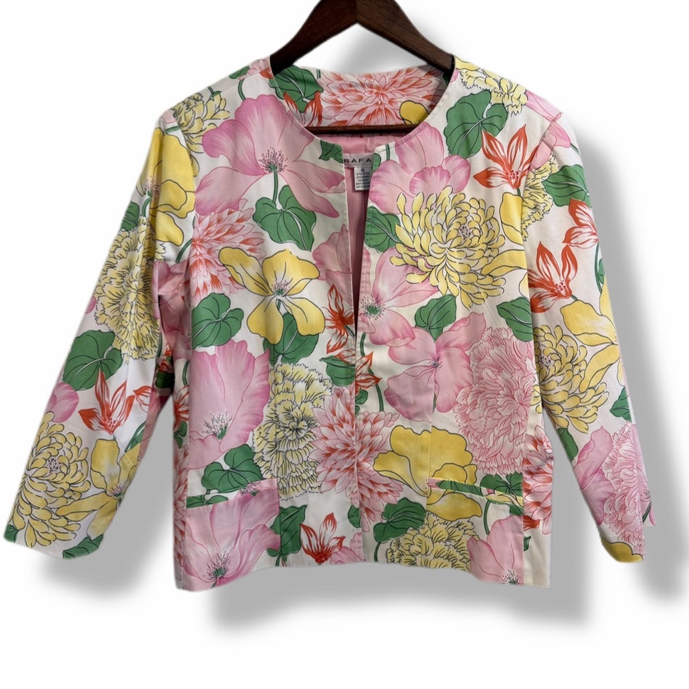 Rafaella Floral Blazer Jacket Pink Yellow Green Cropped Size 10